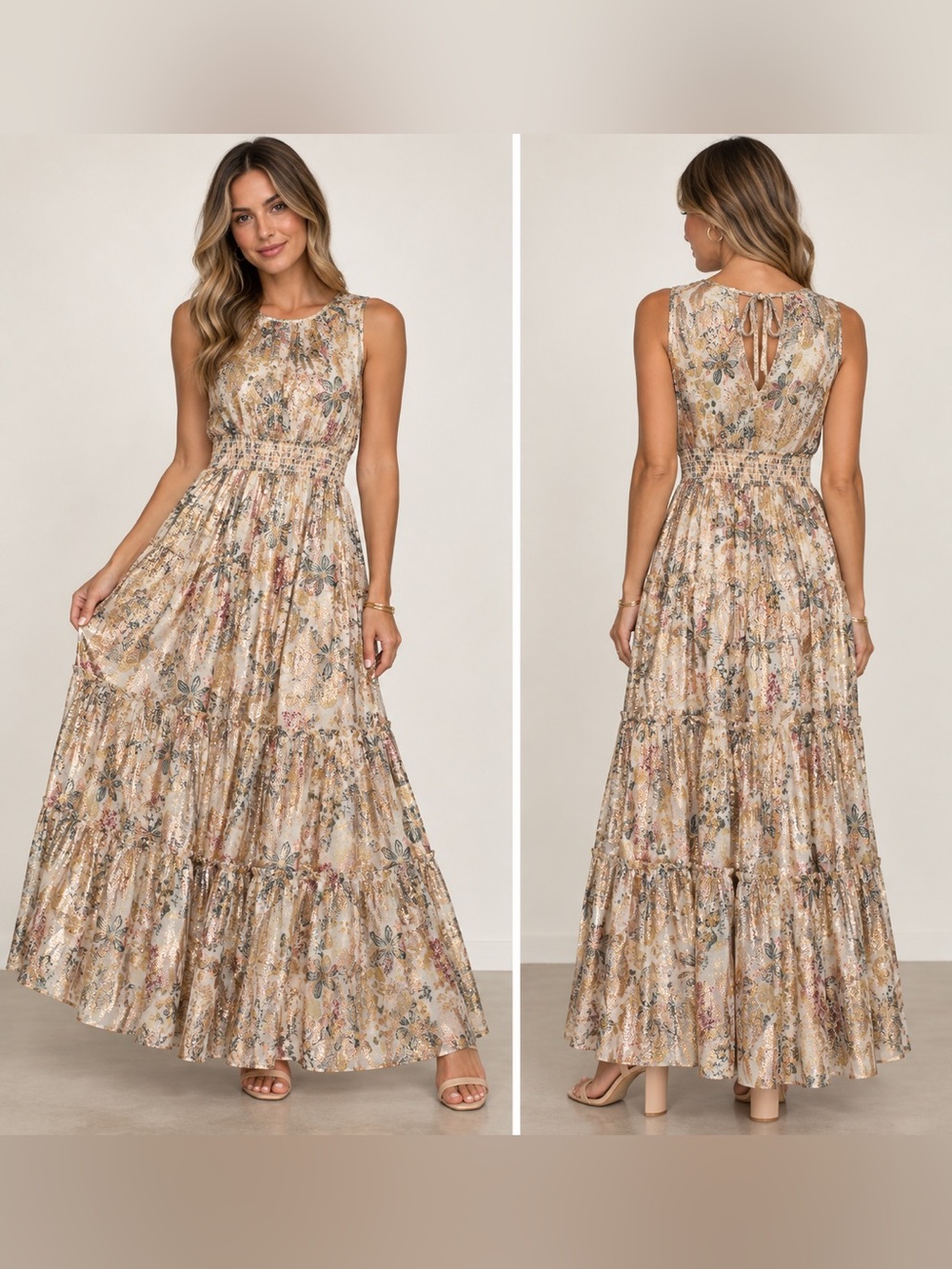 Daniel Rainn Eileen Sleeveless Maxi Dress Gold Floral Lurex Smocked Waist S